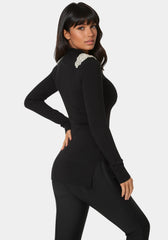 Embellished Mock Neck Tunic Sweater