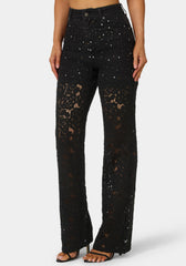 High Waist Embellished Lace Wide Leg Jeans