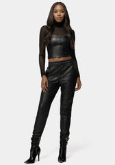 Mock Neck Mesh Combo Vegan Leather Top