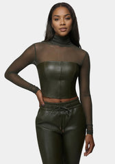 Mock Neck Mesh Combo Vegan Leather Top