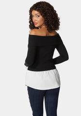 Poplin Combo Fold Over Off Shoulder Sweater Top