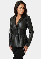 Tailored Vegan Leather Power Rib Combo Blazer