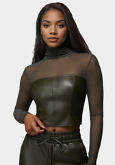 Mock Neck Mesh Combo Vegan Leather Top