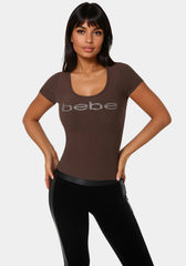 Bebe Logo Short Sleeve Round Neck Rib Top