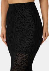 Animal Mesh Faux Fur Trim Midi Skirt