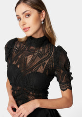 Puff Sleeve Ruched Waist Lace Top