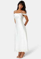 Drape Shoulder High Slit Satin Maxi Dress