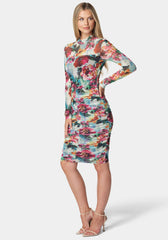 Printed Ruched Mesh Midi Dress