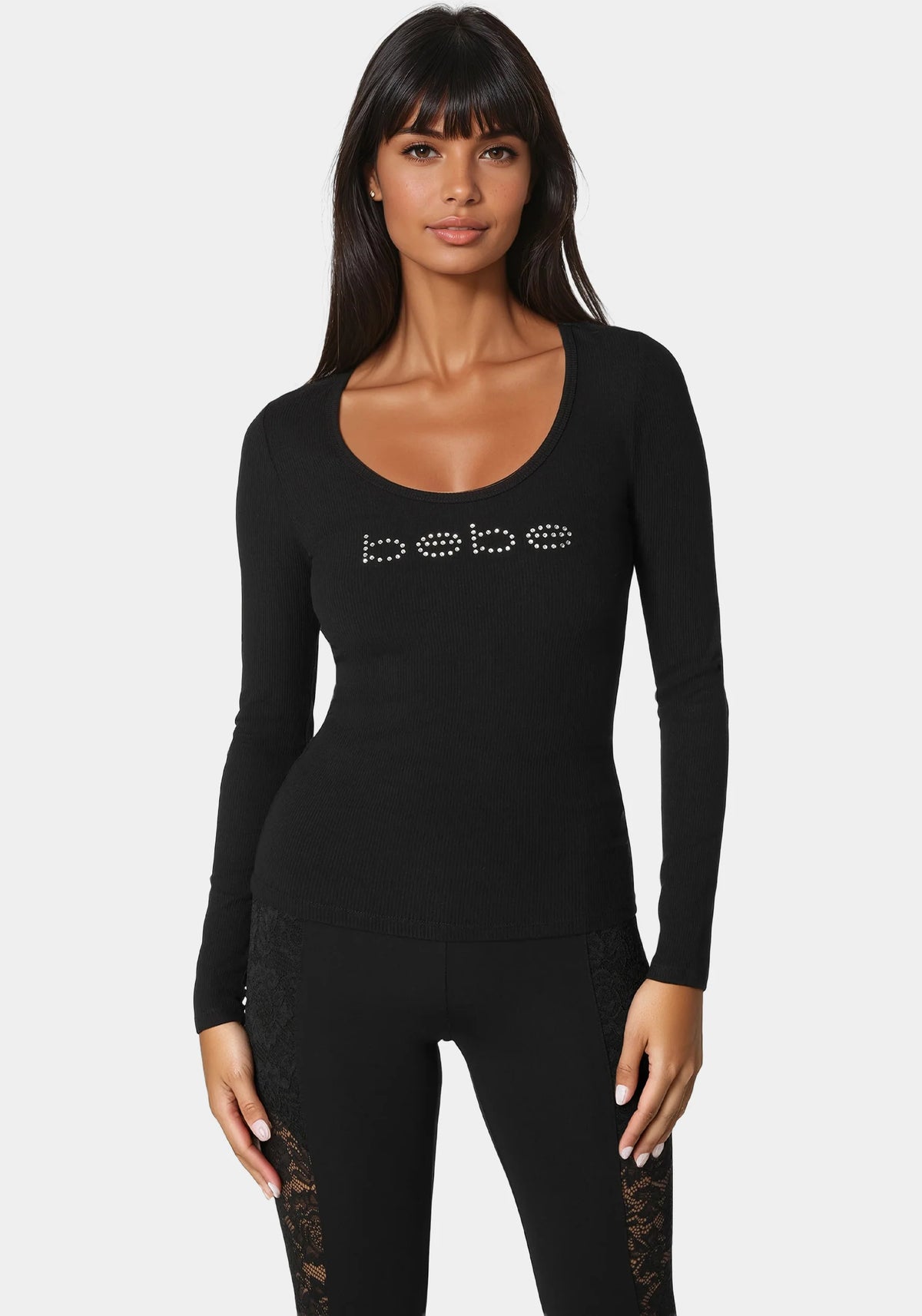Bebe Logo Long Sleeve Scoop Neck Single Stone Rib Top