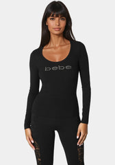 Bebe Logo Long Sleeve Scoop Neck Single Stone Rib Top