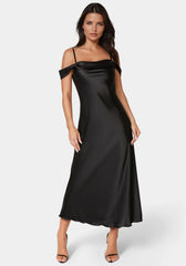 Drape Shoulder High Slit Satin Maxi Dress