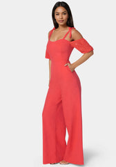 Embroidered Cotton Puff Sleeve Full Wide Leg Jumpsuit