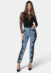 High Waist Lace Applique Slim Leg Denim Jeans