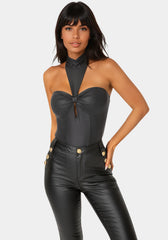 Mock Neck Halter Coated Knit Bodysuit