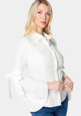 Button Down Bell Sleeve Poplin Blouse