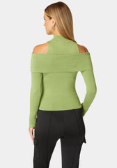 Mock Neck Zip Detail Cold Shoulder Sweater