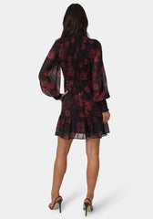 Long Sleeve Mock Neck Chifon Smocked Mini Dress