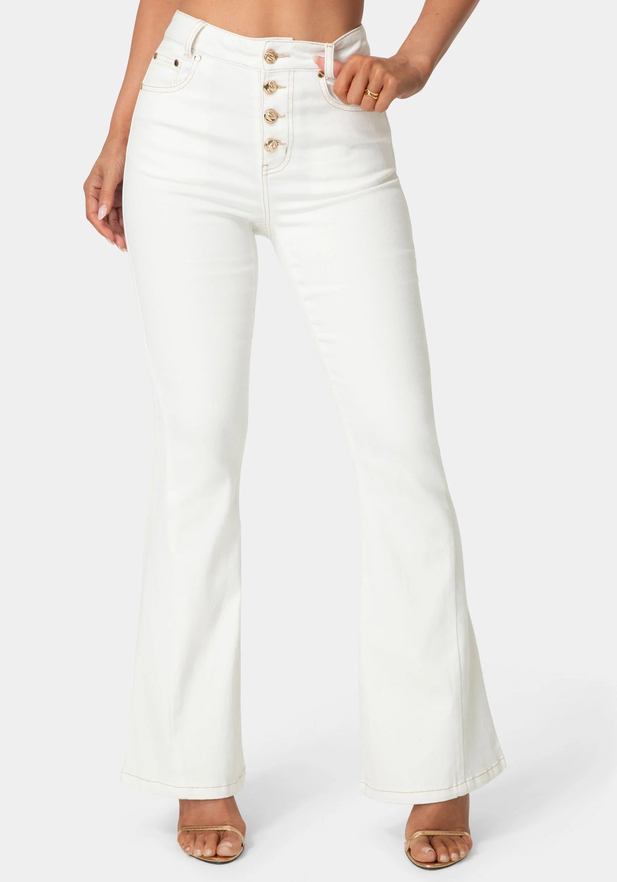Natural Waist Flared White Jeans
