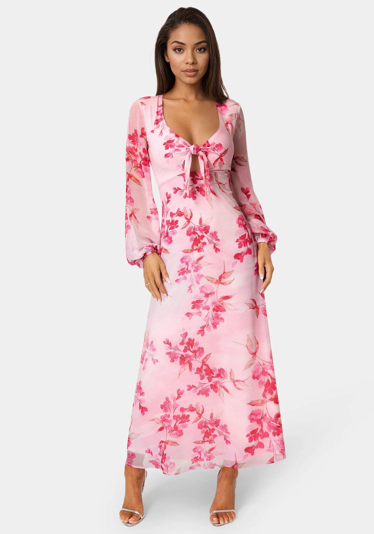 Printed Chiffon Tie Front Maxi Dress