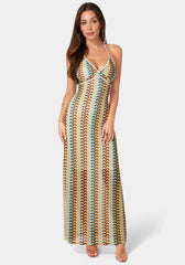 Crochet Stripe Halter A-Line Maxi Dress
