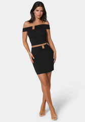 Off Shoulder Metal Trim Top And Skirt