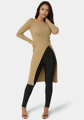 Long Body Side Slit Lurex Sweater Top