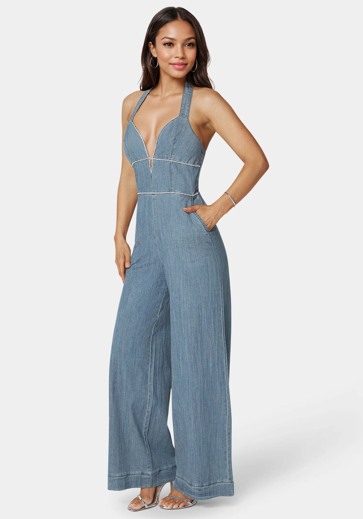 Embellished Wide Leg Halter Denim Jumpsuit