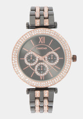 Glossy Gun Metal Dial Crystal Bezel Watch