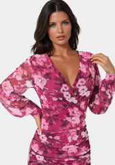 Long Sleeve Faux Wrap Ruched Mini Dress