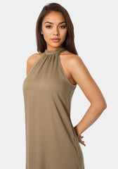 Crushed Satin Mock Neck Maxi Dress