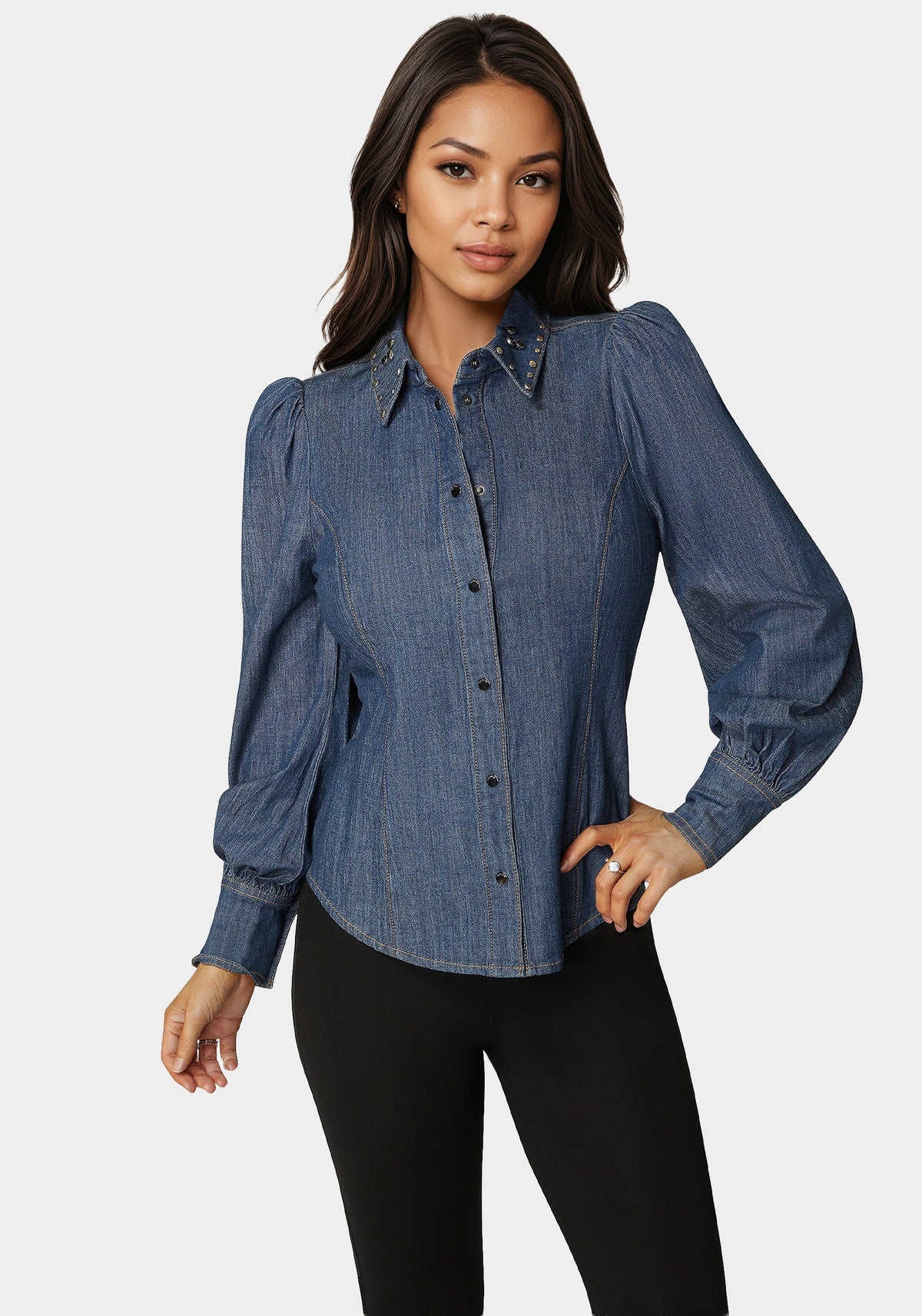 Button Front Studded Collar Denim Shirt