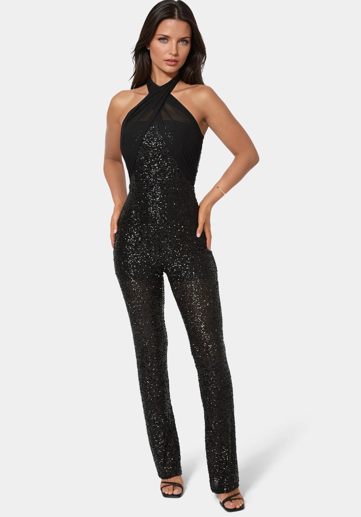 Sequin Halter Mini Flare Leg Jumpsuit
