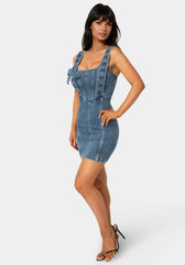 Bow Fitted Eyelet Denim Dress