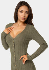 Button Front V-Neck Sweater Midi Dress