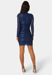 Jacquard Mesh Long Sleeve Shirred Dress
