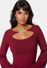 Open Neck Rhinestone Trim Sweater