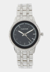 Glossy Black Dial Crystal Bezel Watch