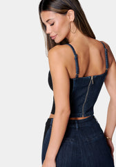 Metal Trim Detail Knit Combo Denim Bustier
