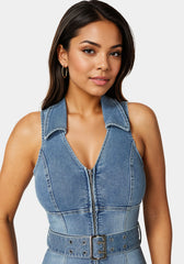 Light Weight Front Zipper Denim Romper