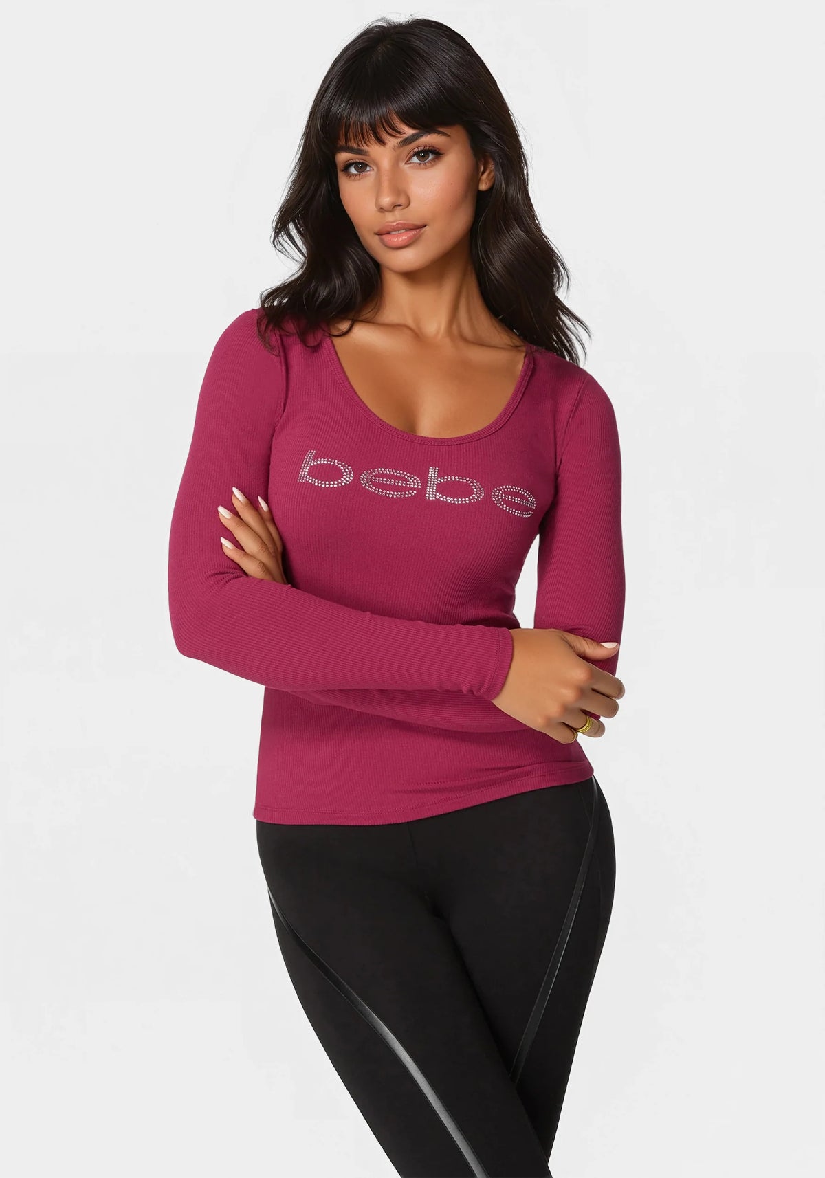 Long Sleeve Scoop Neck Bebe Logo Rib Top