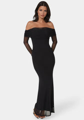 Long Sleeve Off the Shoulder Mesh Maxi Dress