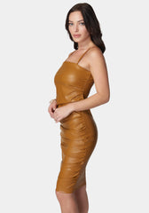 Ruched Midi Vegan Leather Dress