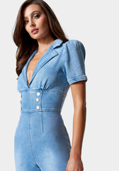 Short Sleeve Notch Collar Wide Leg Denim Jumpsuit