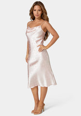 Cowl Neck Midi Satin Jacquard Dress