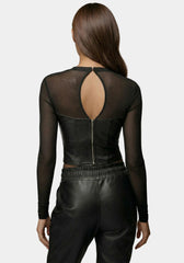 Mock Neck Mesh Combo Vegan Leather Top