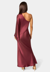 One Shoulder Bell Sleeve Satin Maxi Dress