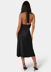 Satin Halter Front Cowl Neck Midi Dress