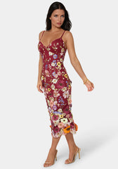 3D Floral Strappy V-Neck Midi Dress