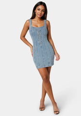 Fitted Lace Up Denim Dress