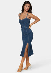 Neckline Chain Trim Midi Denim Dress